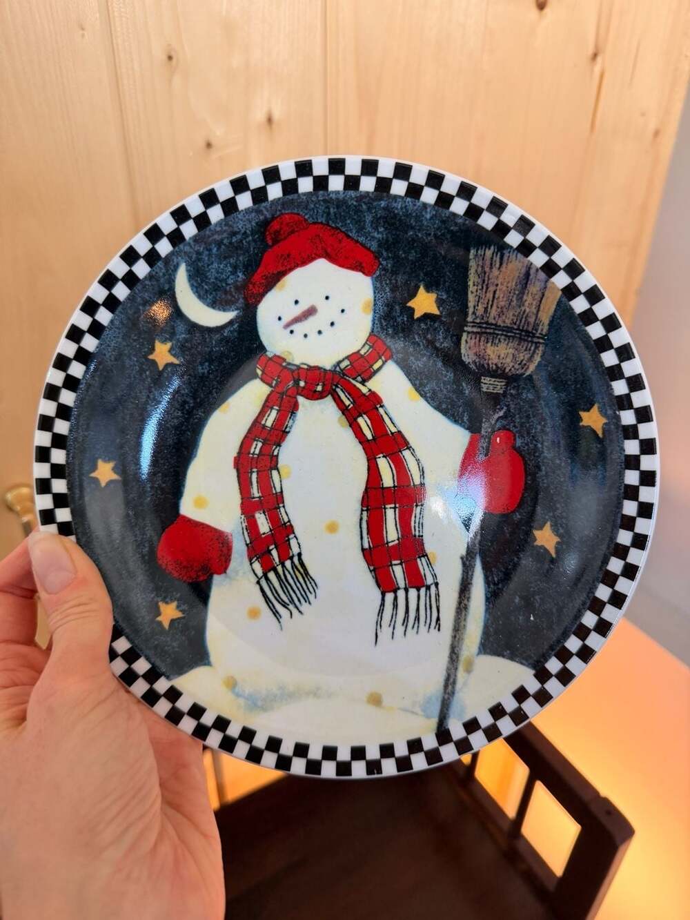 Sakura Debbie Mumm Snowman Plate Checkered Rim Christmas Dinnerware